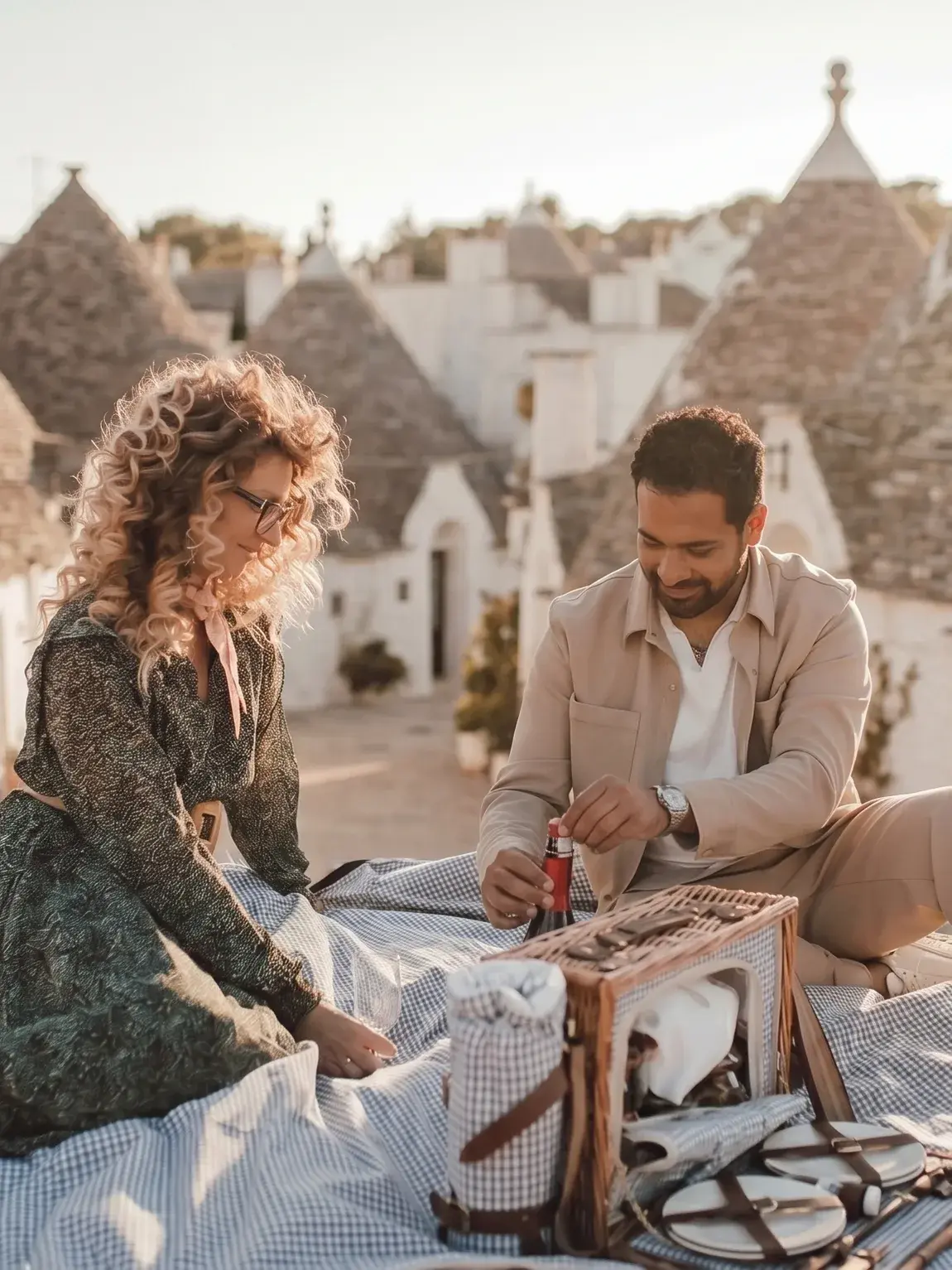 Ein Paar genießt das NOS-Open-Air-Picknick auf einem Dach zwischen den Trulli von Alberobello im Abendlicht, der offene Weidenkorb vor ihnen: Teller, Gläser und Flasche bereit